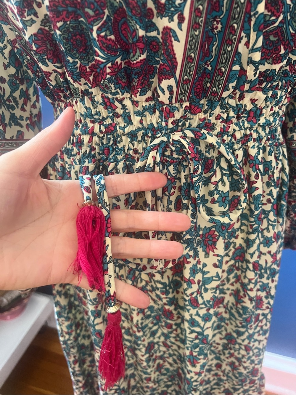 Anthropologie boemo Boho Tie-Front Maxi Dress in Teal Burgundy Floral - Picture 6 of 7